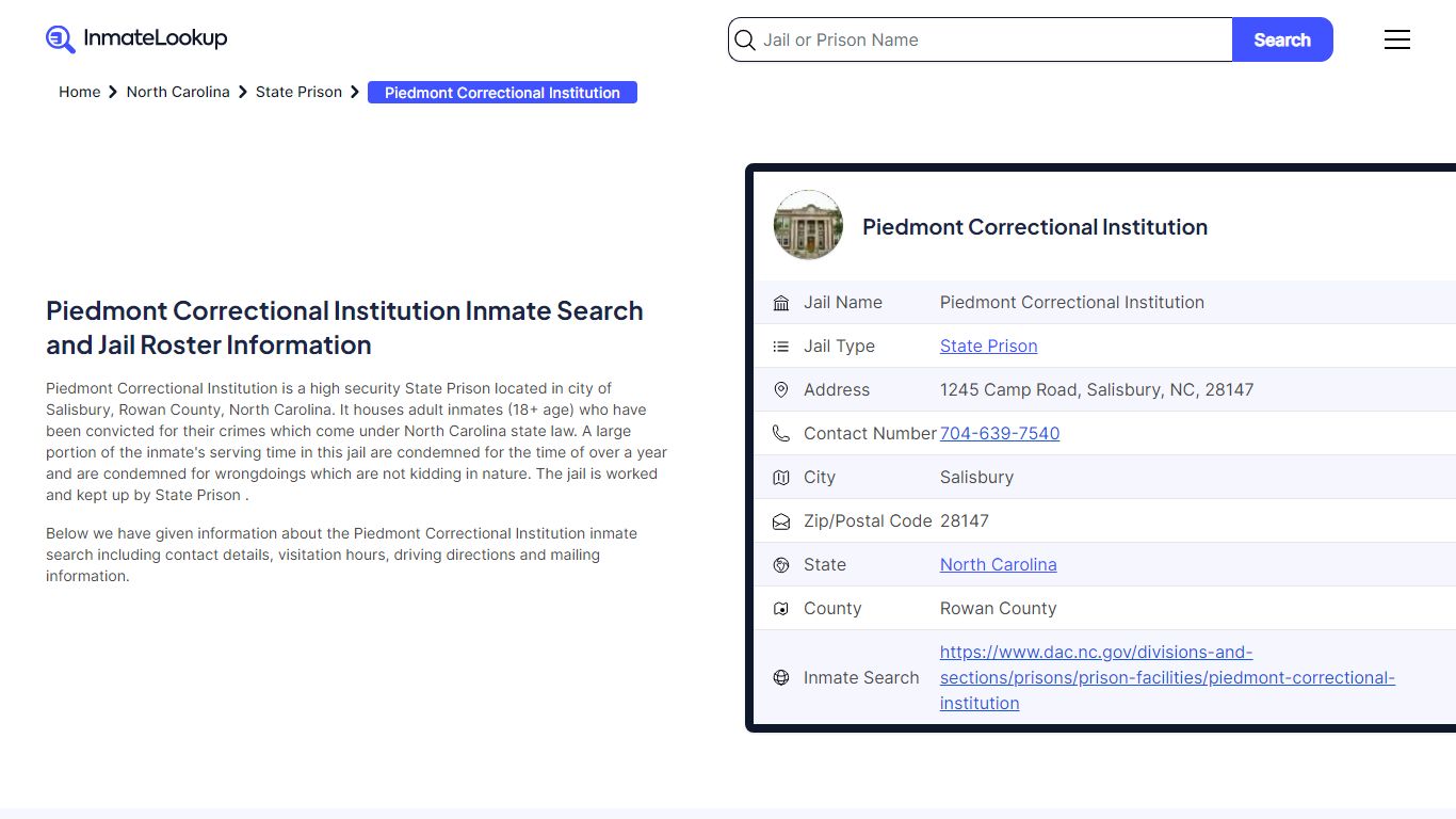 Piedmont Correctional Institution Inmate Search, Jail ... - Inmate Lookup