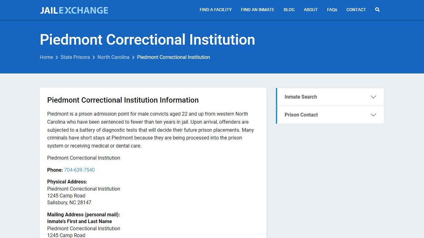 Piedmont Correctional Institution Inmate Search, NC - Jail Exchange