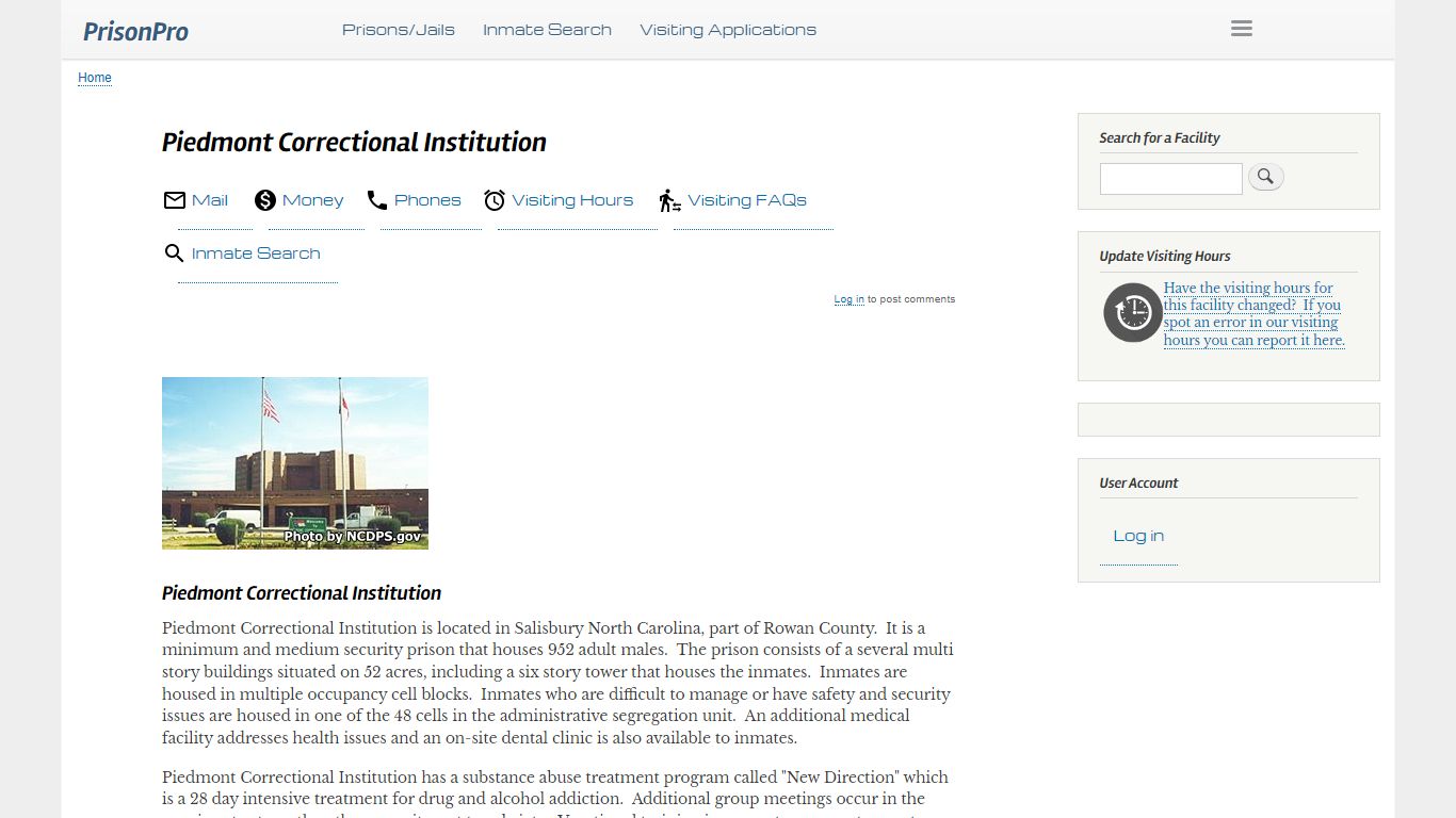 Piedmont Correctional Institution Visiting hours, inmate phones, mail